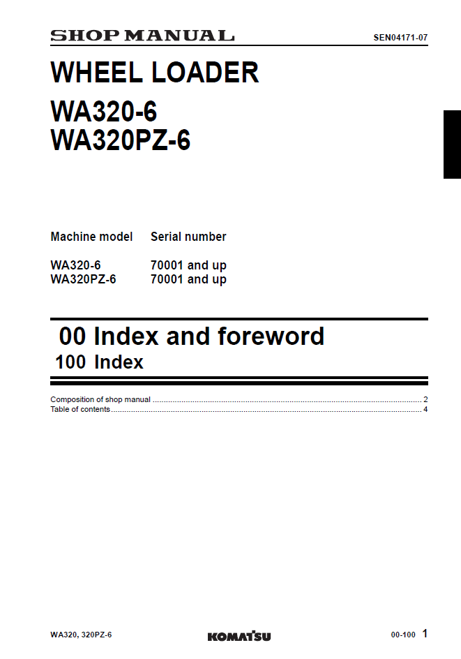 Komatsu WA320-6 WA320PZ-6 Wheel Loader Manual SEN04162-07
