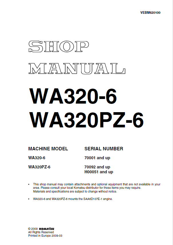 Komatsu WA320-6 & WA320PZ-6 Wheel Loader Shop Manual PDF 