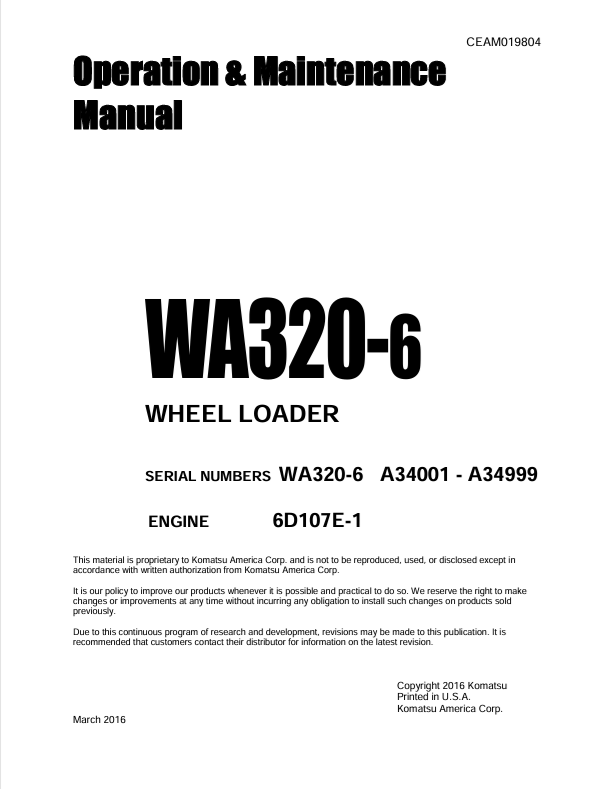 Komatsu WA320-6 Wheel Loader Operation & Maintenance Manual PDF