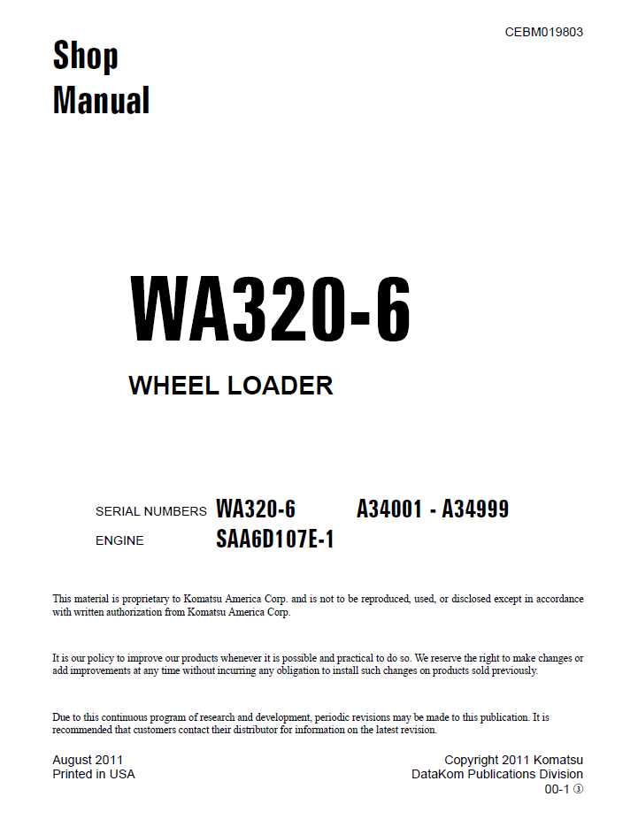 Komatsu WA320-6 Wheel Loader Shop Manual CEBM019803 PDF