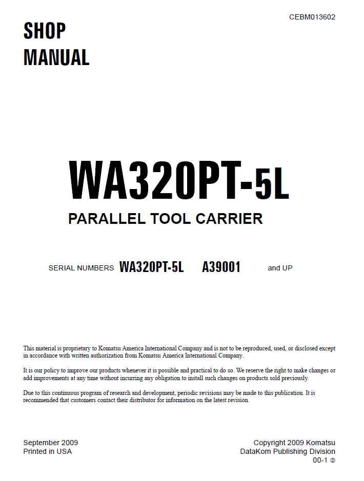 Komatsu WA320PT-5L Parallel Tool Carrier Shop Manual CEBM013602