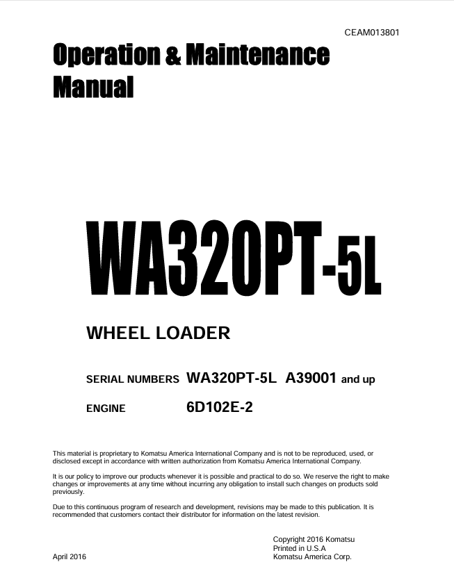 Komatsu WA320PT-5L Wheel Loader Operation & Maintenance Manual PDF