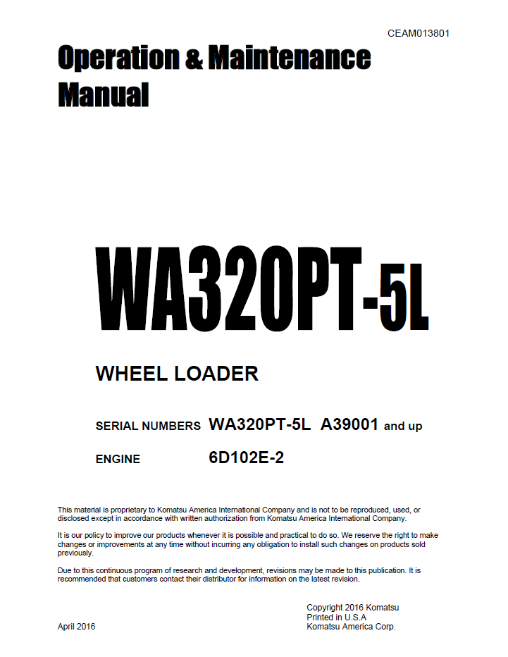 Komatsu WA320PT-5L Wheel Loader Operation and Maintenance Manual CEAM013801 PDF
