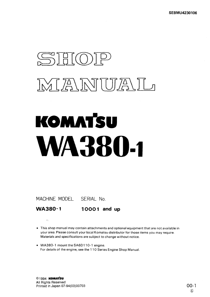 Komatsu WA380-1 Engine Shop Manual SEBMU4230106 PDF