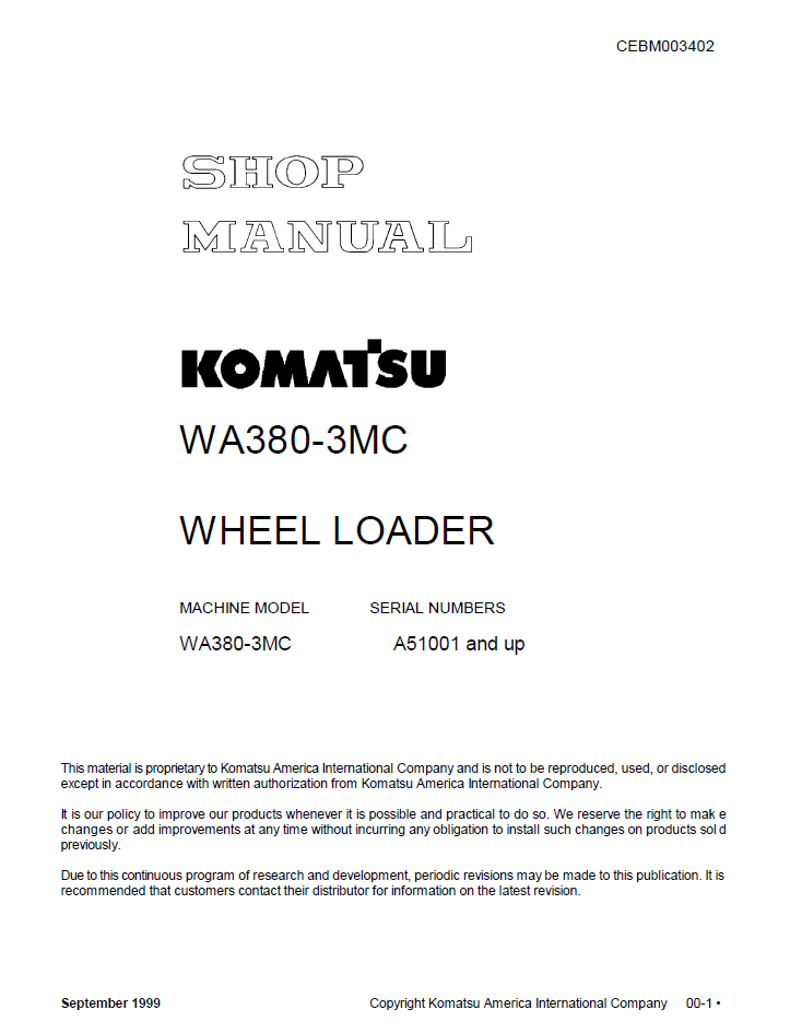 Komatsu WA380-3MC Wheel Loader Shop Manual CEBD003402 PDF