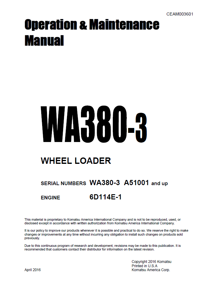 Komatsu WA380-3 Wheel Loader Operation and Maintenance Manual CEAM003601 PDF