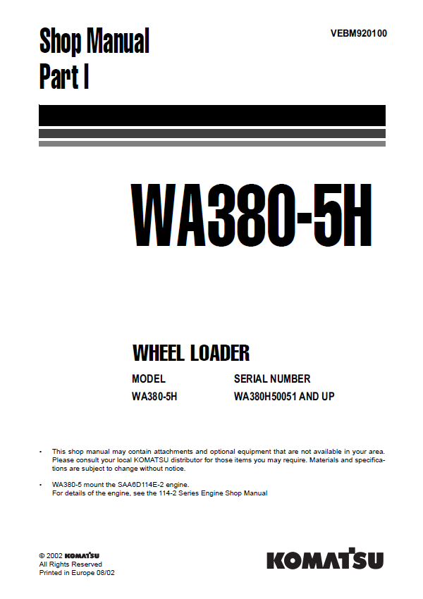 Komatsu WA380-5H Wheel Loader Shop & Repair Manual PDF