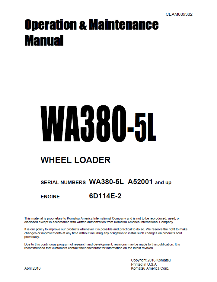 Komatsu WA380-5L Wheel Loader Operation and Maintenance Manual CEAM009302 PDF