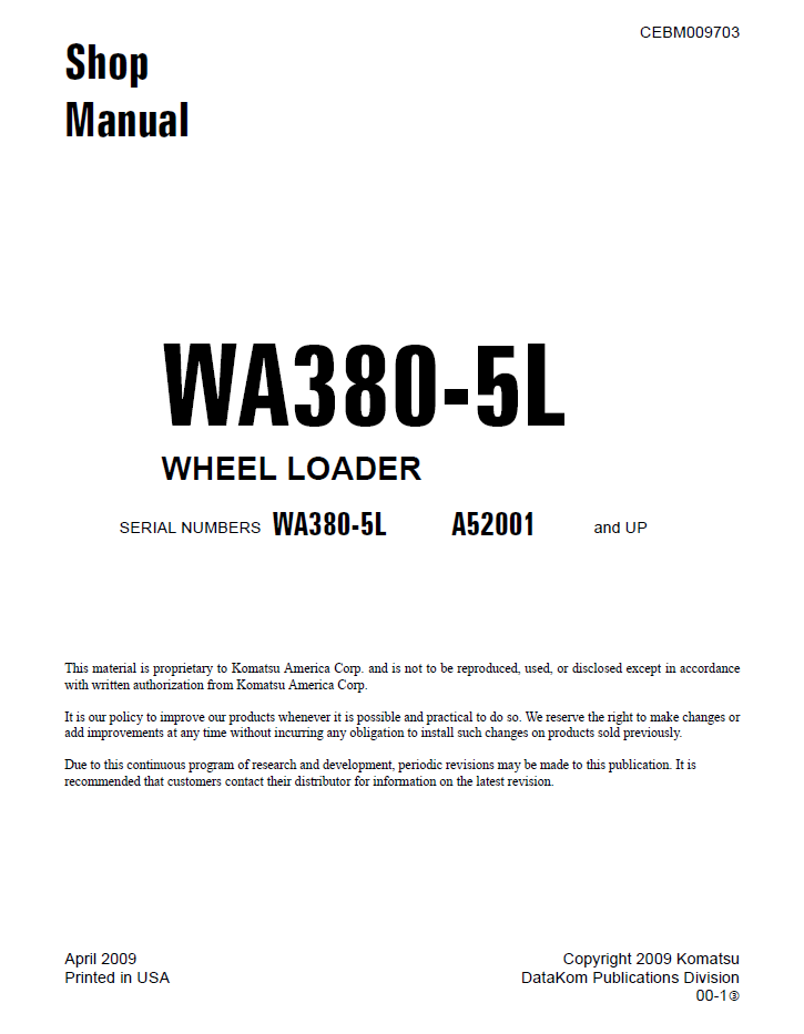 Komatsu WA380-5L Wheel Loader Shop Manual CEBM009703 PDF