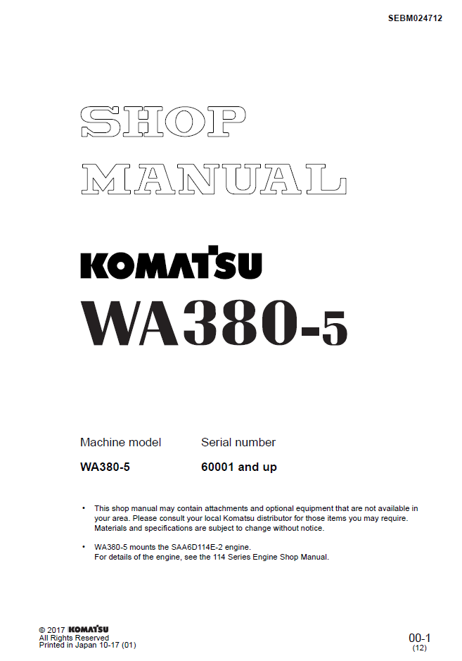 Komatsu WA380-5 Engine Shop Manual SEBM024712 PDF Download