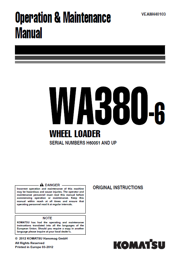 Komatsu WA380-6 Operation & Maintenance Manual (PDF Download)