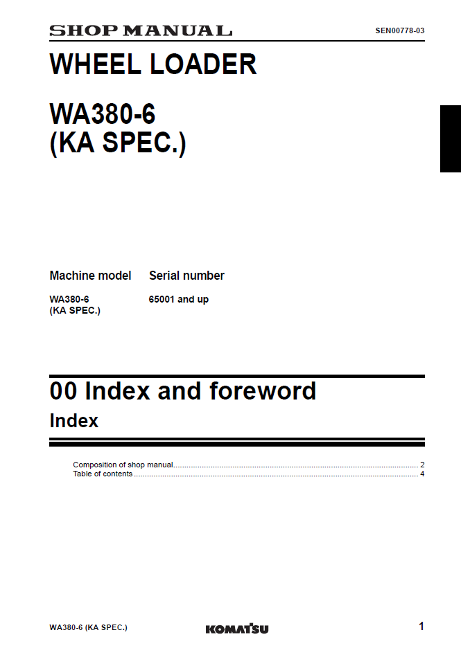 Komatsu WA380-6 Wheel Loader Service Manual SEN00769-03