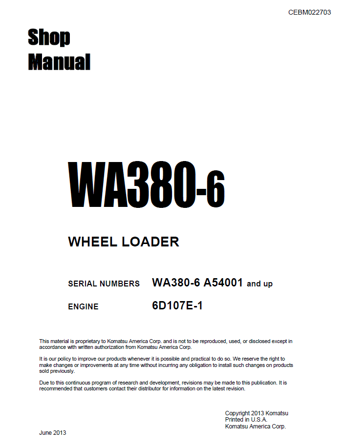 Komatsu WA380-6 Wheel Loader Shop Manual CEBM022703 PDF