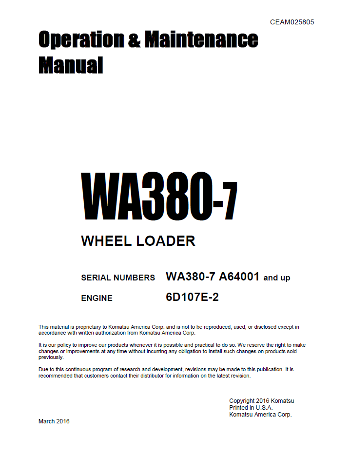 Komatsu WA380-7 Wheel Loader Operation Manual CEAM025805 PDF