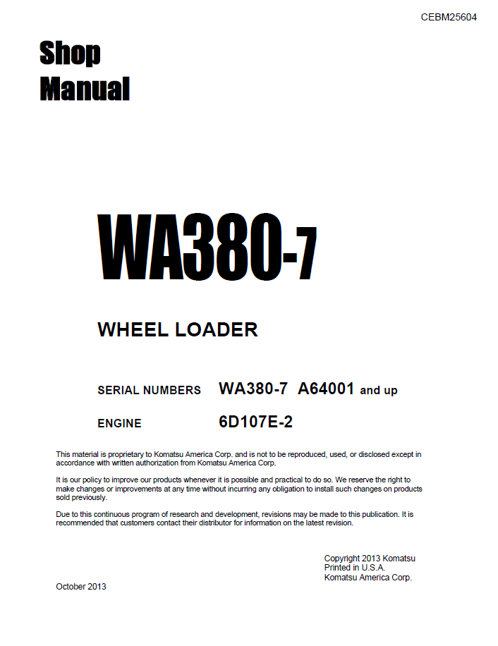 Komatsu WA380-7 Wheel Loader Shop Manual CEBM025604 PDF
