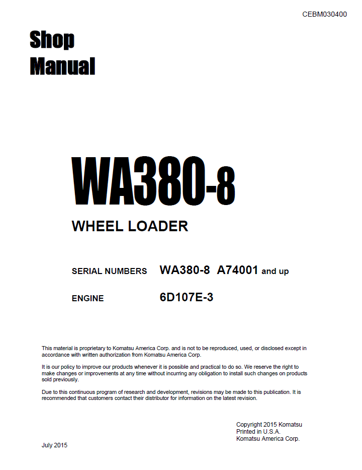 Komatsu WA380-8 Wheel Loader Factory Shop Manual | CEBM030400