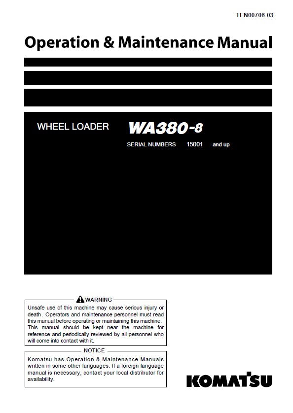 Komatsu WA380-8 Wheel Loader Operation & Maintenance Manual (TEN00706-03) PDF
