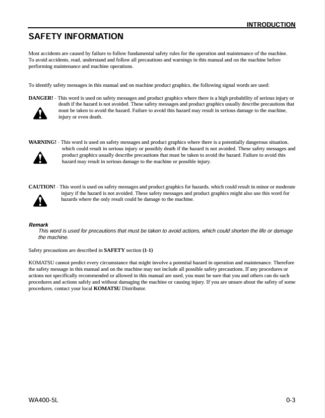 Komatsu WA400-5L Wheel Loader Manual PDF – Operation & Maintenance