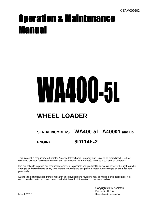 Komatsu WA400-5L Wheel Loader Operation & Maintenance Manual PDF