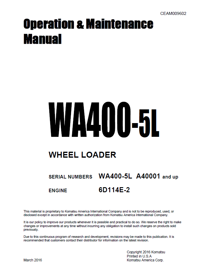 Komatsu WA400-5L Wheel Loader Operation and Maintenance Manual CEAM009602 PDF