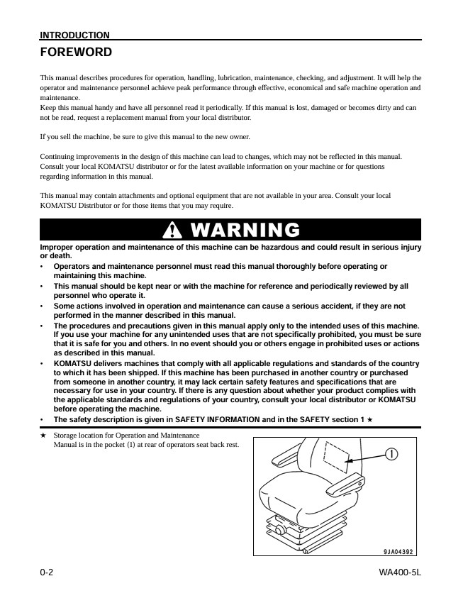 Komatsu WA400-5L Wheel Loader Operation and Maintenance Manual PDF