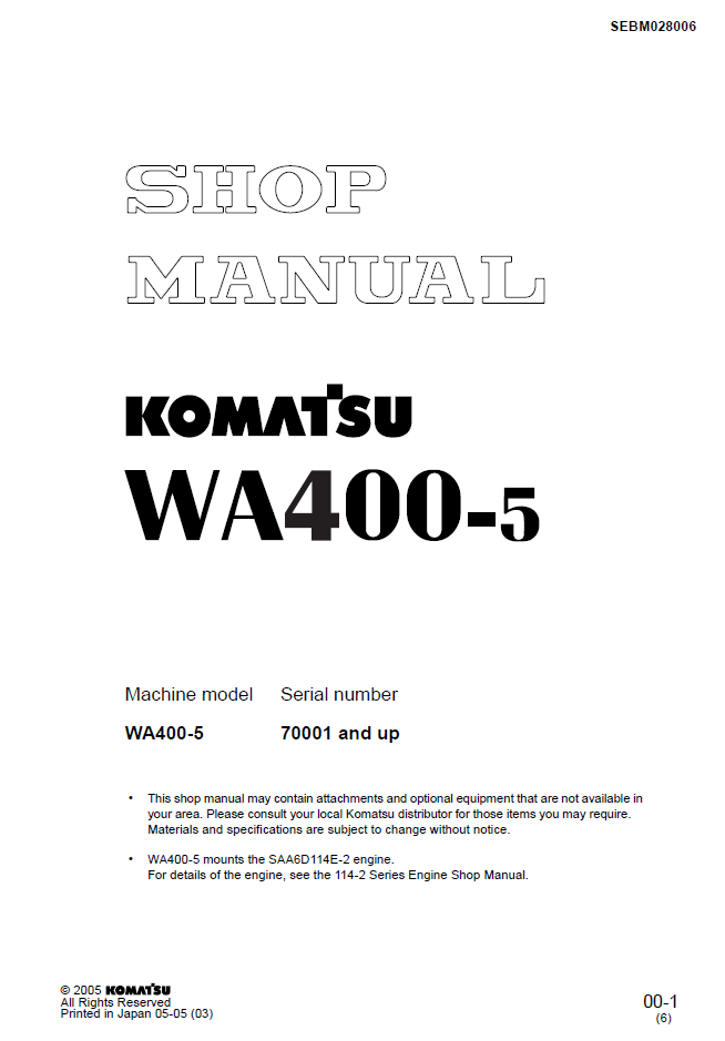 Komatsu WA400-5 Engine Manual SEBM028006 PDF