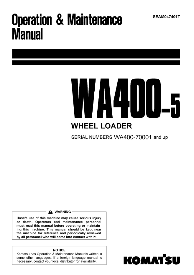 Komatsu WA400-5 Wheel Loader Operation & Maintenance Manual | SEAM047401T
