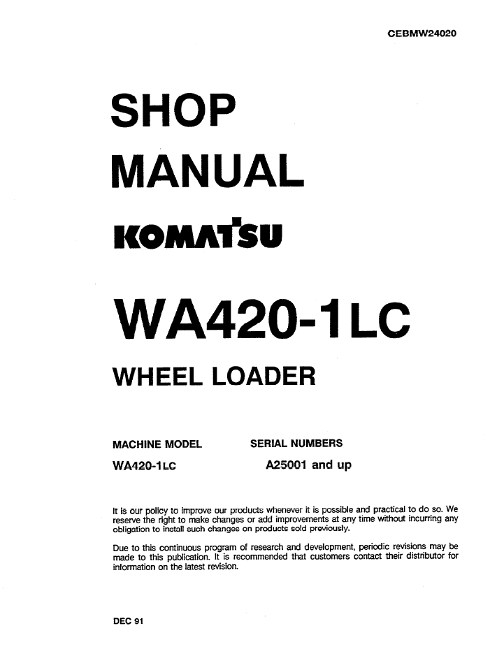Komatsu WA420-1LC Repair Manual CEBDW24020 PDF