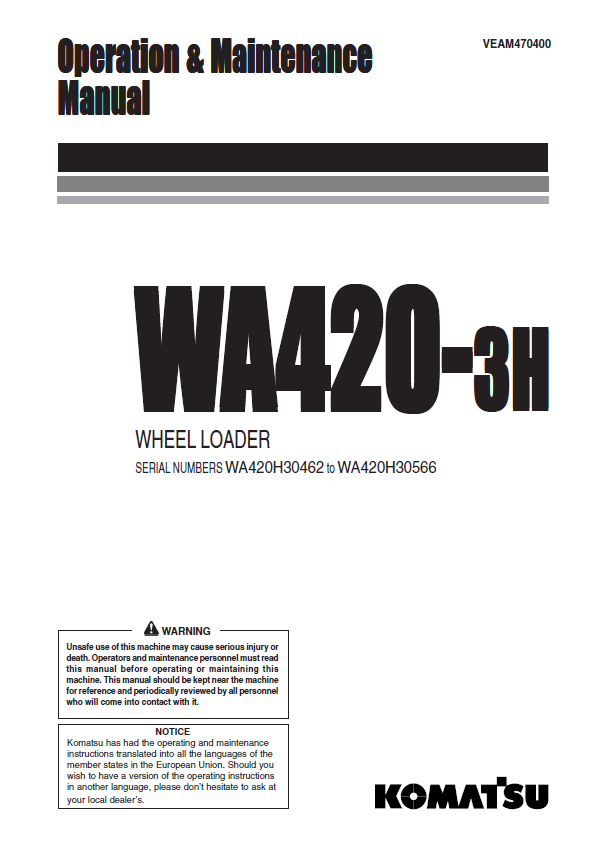 Komatsu WA420-3H Wheel Loader: Operation & Maintenance Manual (PDF Guide)