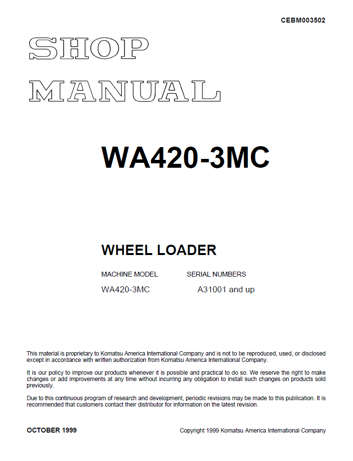 Komatsu WA420-3MC Wheel Loader Shop Manual CEBD003502 PDF