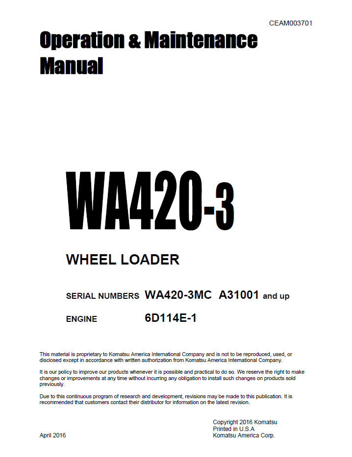 Komatsu WA420-3 Wheel Loader Operation and Maintenance Manual CEAM003701 PDF