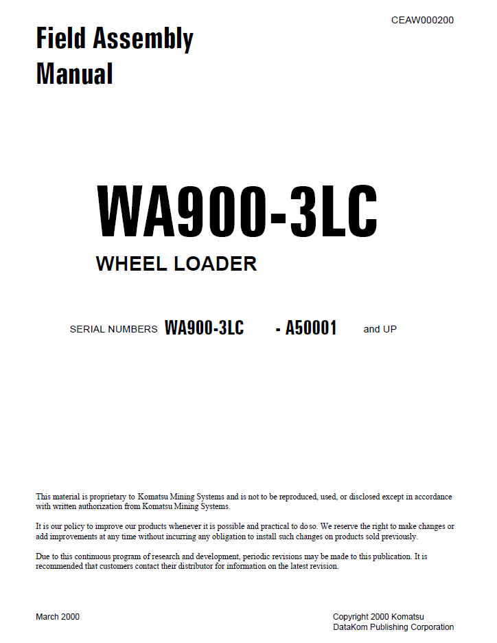 Komatsu WA420-3 Wheel Loader Shop Manual CEBD000200 PDF