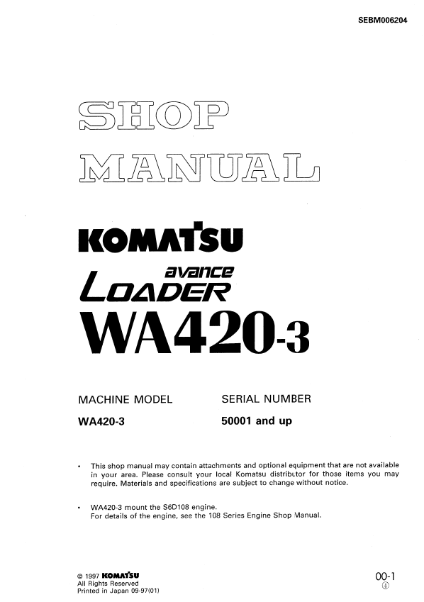 Komatsu WA420-3 Wheel Loader Shop & Parts Center