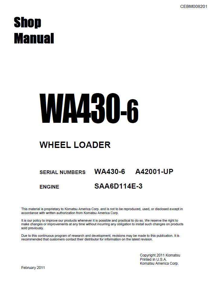 Komatsu WA430-6 Repair Manual CEBM008201 PDF