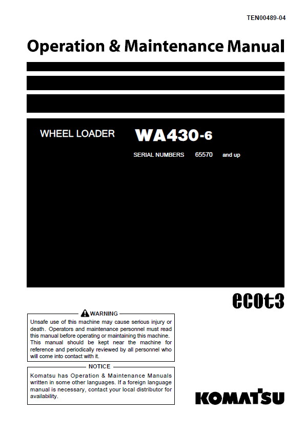 Komatsu WA430-6 Wheel Loader Operation & Maintenance Manual (TEN00489-04)