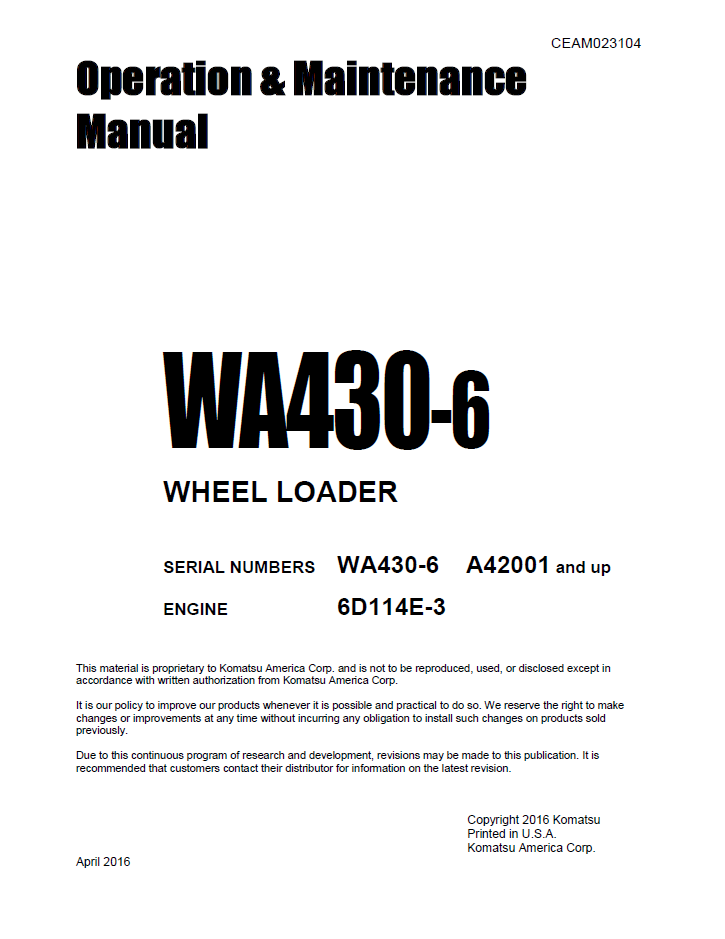 Komatsu WA430-6 Wheel Loader Operation Manual CEAM023104 PDF