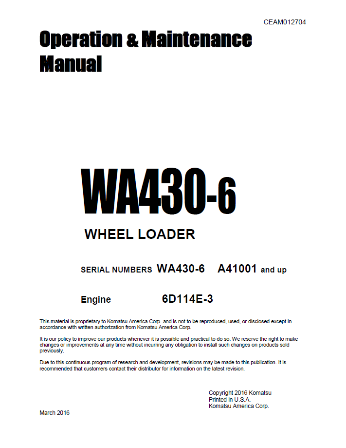 Komatsu WA430-6 Wheel Loader Operation and Maintenance Manual CEAM012704 PDF