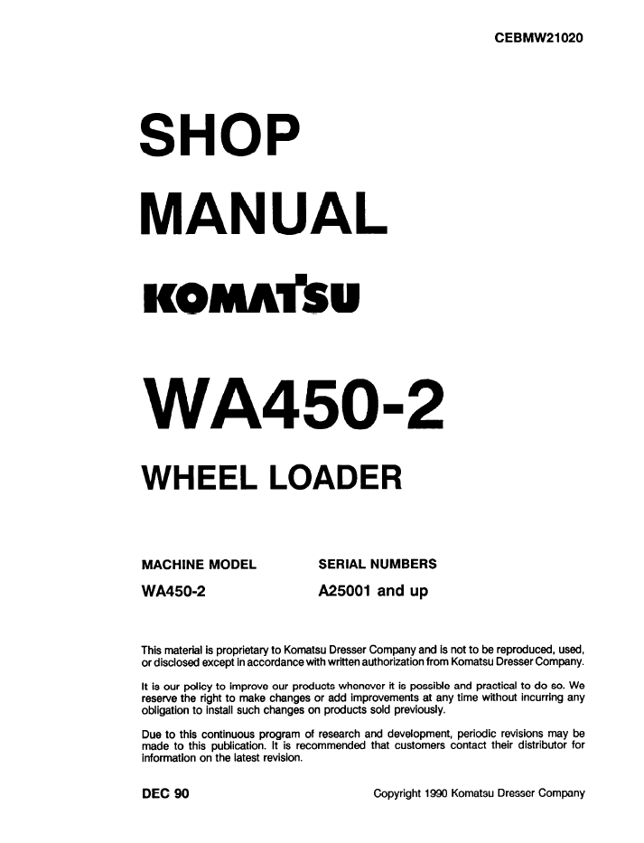 Komatsu WA450-2 Wheel Loader Shop Manual CEBDW21020 PDF