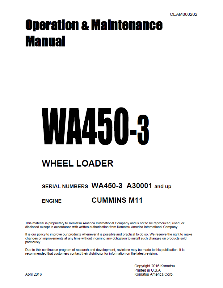 Komatsu WA450-3 Wheel Loader Operation & Maintenance Manual CEAM000202