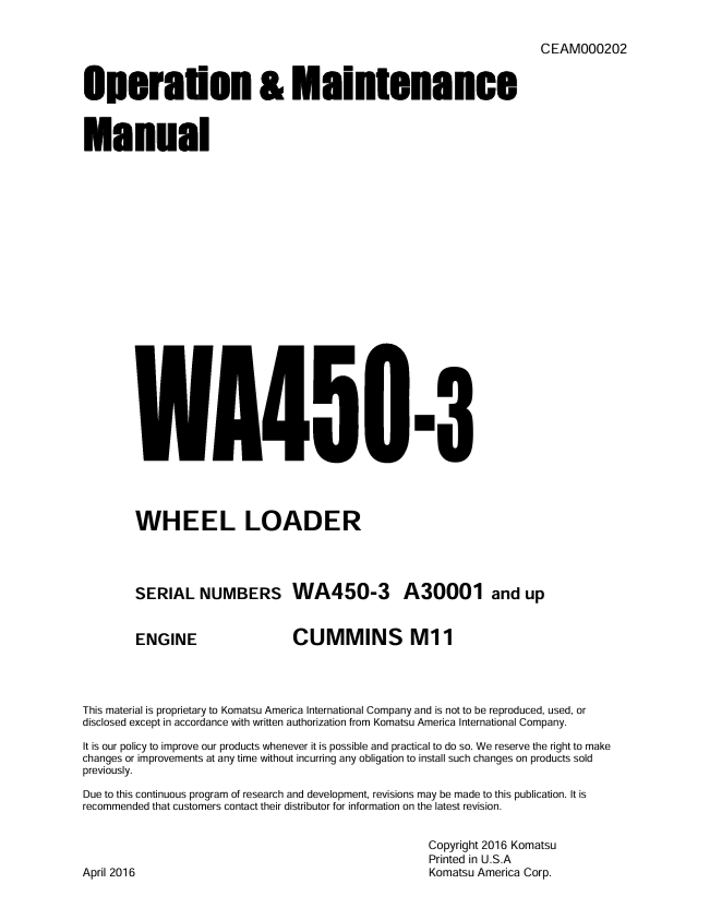 Komatsu WA450-3 Wheel Loader Operation & Maintenance Manual PDF
