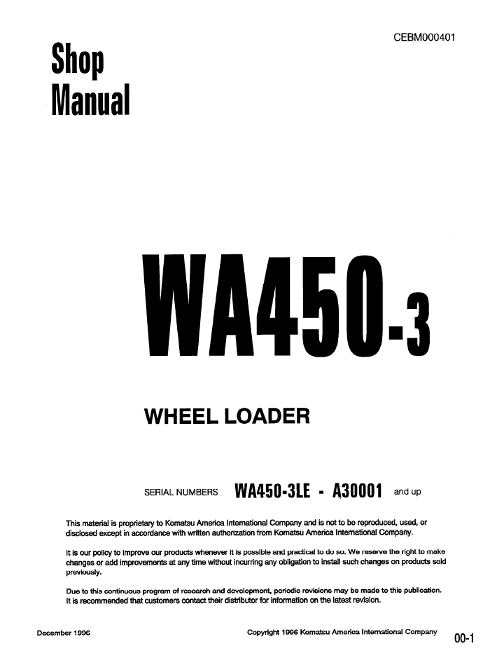 Komatsu WA450-3 Wheel Loader Shop Manual CEBD000401 PDF