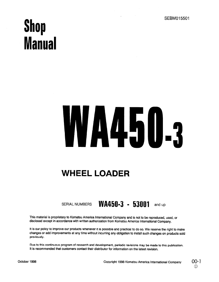 Komatsu WA450-3 Wheel Loader Shop Service Manual (SEBD015501) - PDF Download