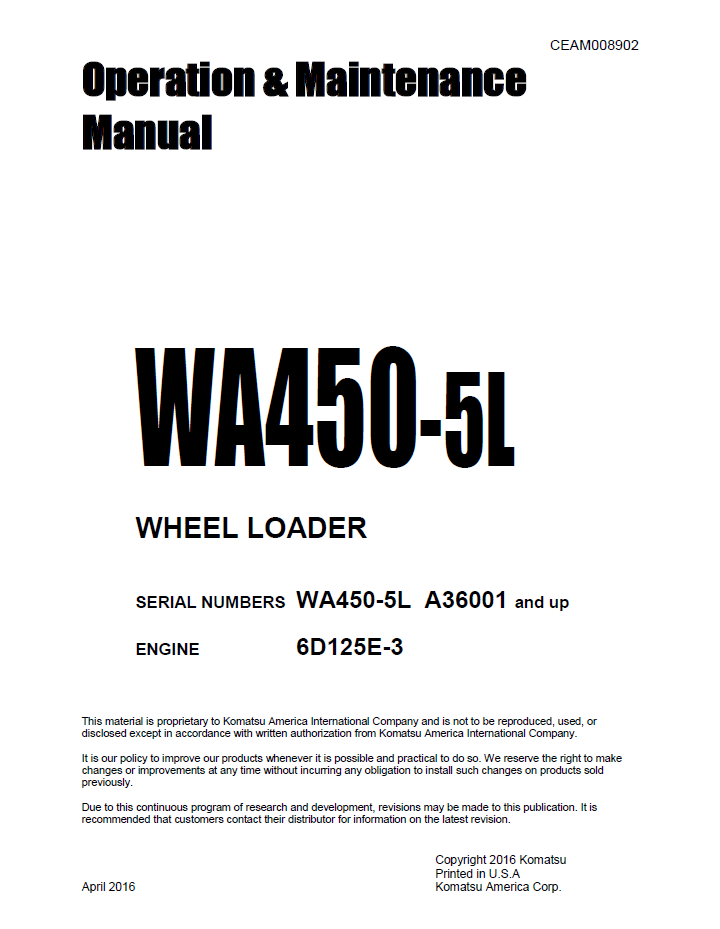 Komatsu WA450-5L Wheel Loader Operation and Maintenance Manual CEAM008902 PDF