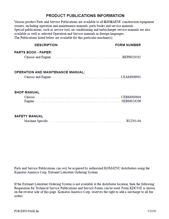 Komatsu WA450-5L Wheel Loader Service & Maintenance Manual (CEAM008902)