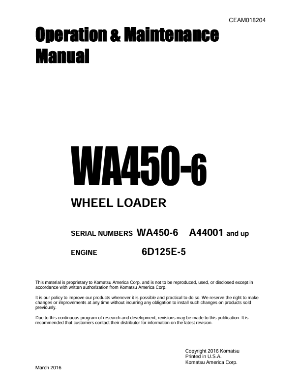 Komatsu WA450-6 Wheel Loader Operation & Maintenance Manual PDF