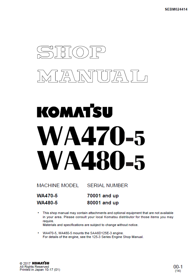 Komatsu WA470-5 WA480-5 Engine Shop Manual SEBM024414 PDF