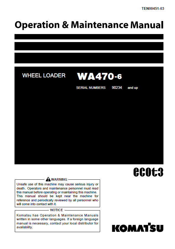 Komatsu WA470-6 Wheel Loader Operation & Maintenance Manual PDF
