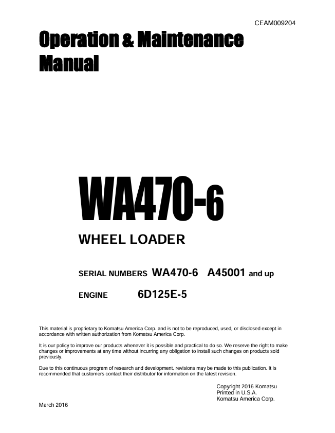 Komatsu WA470-6 Wheel Loader Operation & Maintenance Manual PDF