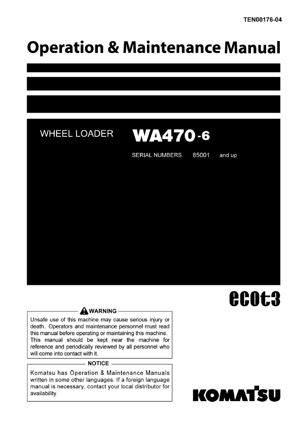 Komatsu WA470-6 Wheel Loader Operation & Maintenance Manual PDF