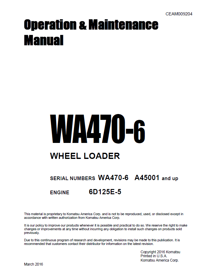 Komatsu WA470-6 Wheel Loader Operation and Maintenance Manual CEAM009204 PDF